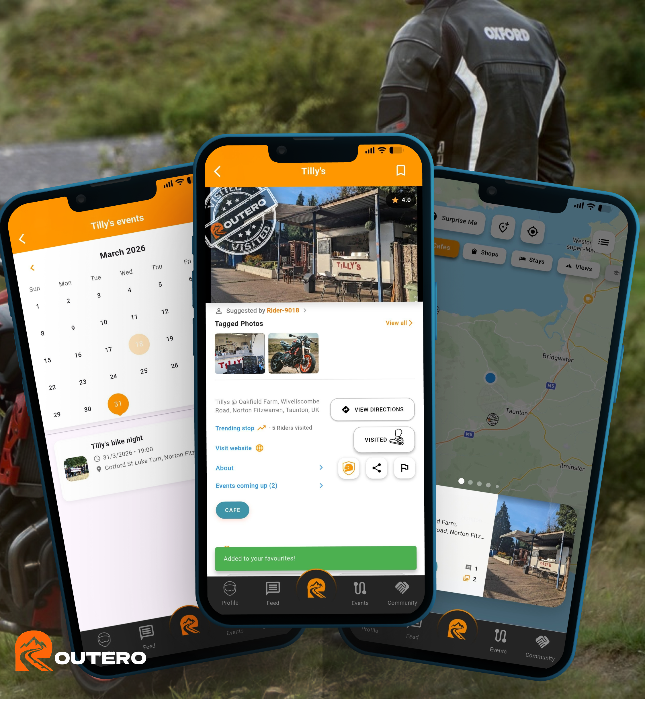 Routero app screens showing map, rider profile, and place detail